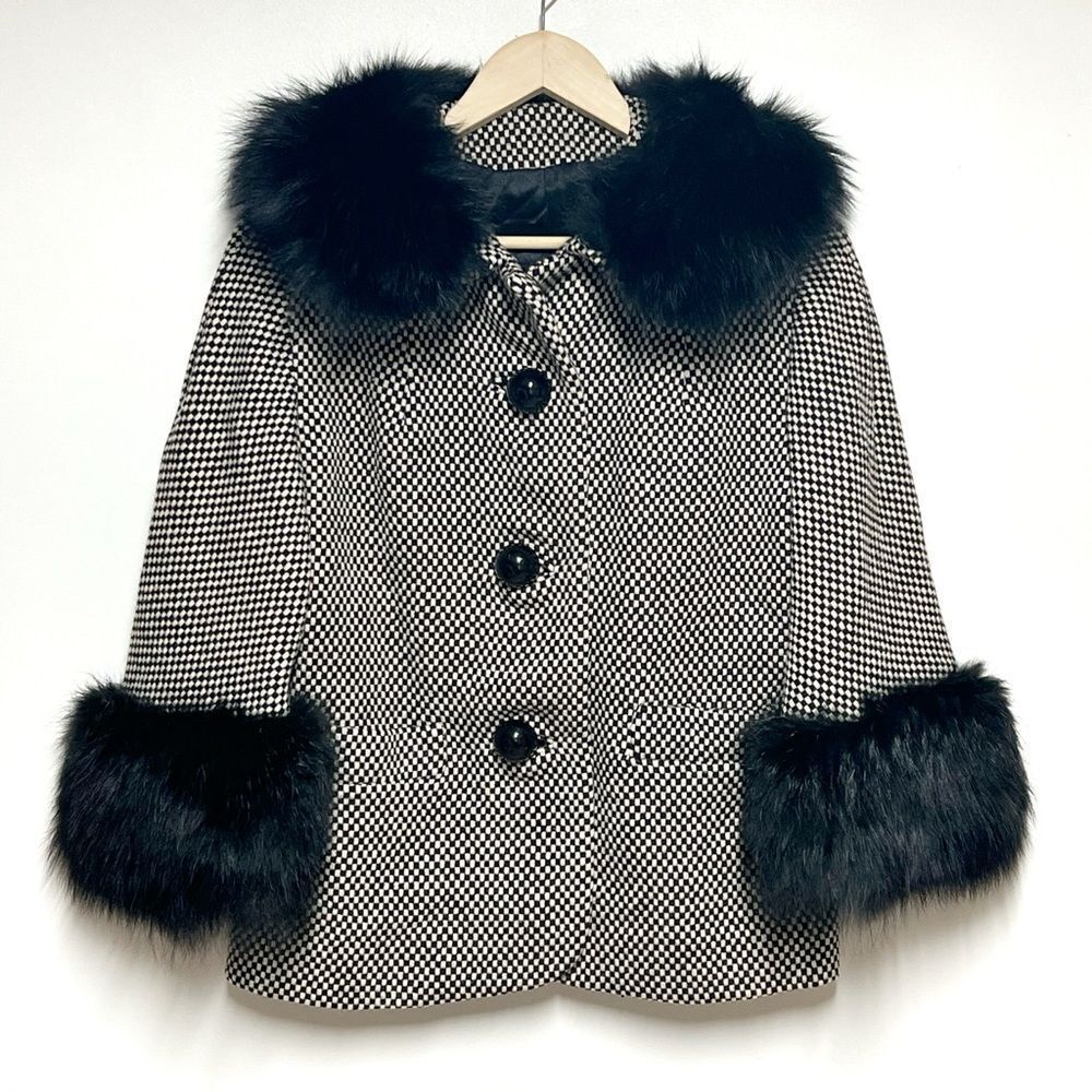 Vintage 70’s- 80’s Solimar Paris NY Black Fox Fur Trimmed Wool Crop Coat Sz M
